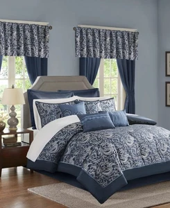 JUEGO DE EDREDÓN COMPLETO/QUEEN MADISON PARK BRYSTOL 24 PIEZAS BOLSA DE CAMA PAISLEY AZUL MARINO - Imagen 1 de 3