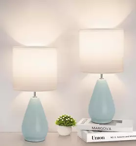 Ceramic Table Lamps Set of 2, Small Blue Bedside Lamps for Bedroom Modern Nights - Picture 1 of 12