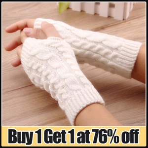 Women Wrist Arm Knitted Mitten Long Winter Hand Warmer Fingerless Ladies Gloves - Picture 1 of 20