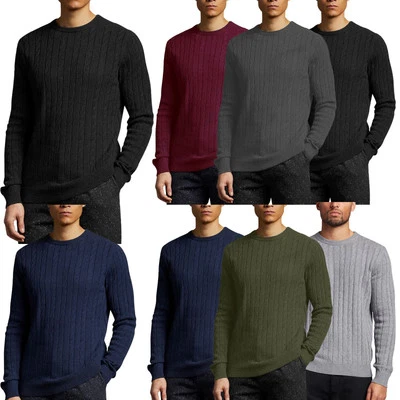 FASHIONEGO Mens Chunky Cable Knit Jumper Ribbed Weave Crew Neck Sweater Ribbed Pullover