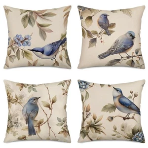 Throw Pillow Covers Vintage Lovely Animals Bird with Blue Flower Decorative P... - Picture 1 of 7