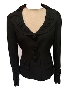 Nanette Lepore Black Wool Ruched Long Sleeve Buttoned Blazer Suit Jacket Sz 4 - Picture 1 of 10