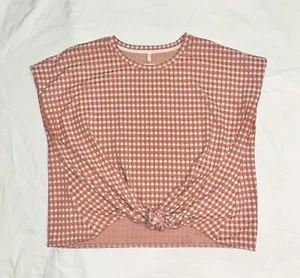 Lou & Grey for LOFT: Short Sleeve SS Front Tie Top:Pink & White Gingham Print, L - Picture 1 of 3