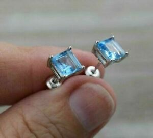 4Ct Princess Cut Blue Topaz Solitaire Women's Stud Earrings 14K Yellow Gold Over