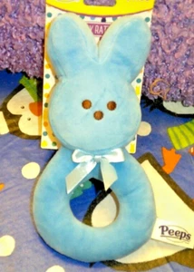 Peeps Plush 8x3.5 Blue Bunny Easter Baby Rattle Toy Embroidered Eyes BRAND NEW - Picture 1 of 1