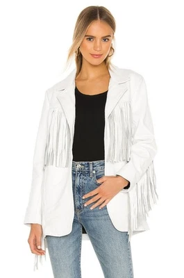 Blazer de cuero para mujer blanco con flecos piel de cordero vaquera abrigo de cuero  Foto 1 de 4