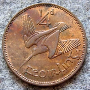 IRELAND 1953 FEOIRLING - FARTHING, WOODCOCK BIRD & GAELIC HARP BRONZE - Picture 1 of 6