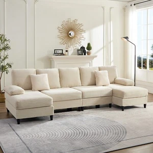 U Shaped Sectional Sofa,Corduroy Sectional Couch,4 Seat Sofa with Double Chaise - Picture 1 of 25