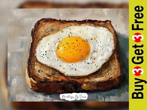Rustic Fried Egg on Toast, Impasto Painting Print 5"x7" on Matte Paper - Picture 1 of 7