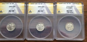 1943 AU58 1944 AU50 1945 AU55 Set of 3 Mercury Silver Dimes ANACS Authenticated - Picture 1 of 8