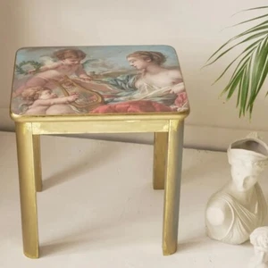 Gold side table with cherubs decoupage paper and blue accents | UPCYCLED Table - Picture 1 of 4