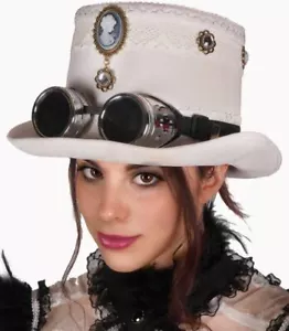 White Victorian Top Steampunk Adult Womens Hat with Goggles - Cosplay Costume - Picture 1 of 4