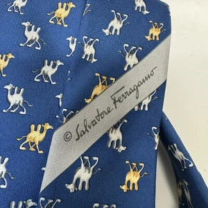 Salvatore Ferragamo Blue Camel Print Tie Mens Silk Italy - Picture 1 of 8