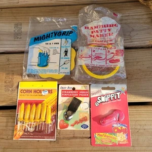 Vintage Kitchen Tool - Corn Holders, Strawberry Huller and Patty Maker 5 Pc Set - Picture 1 of 17