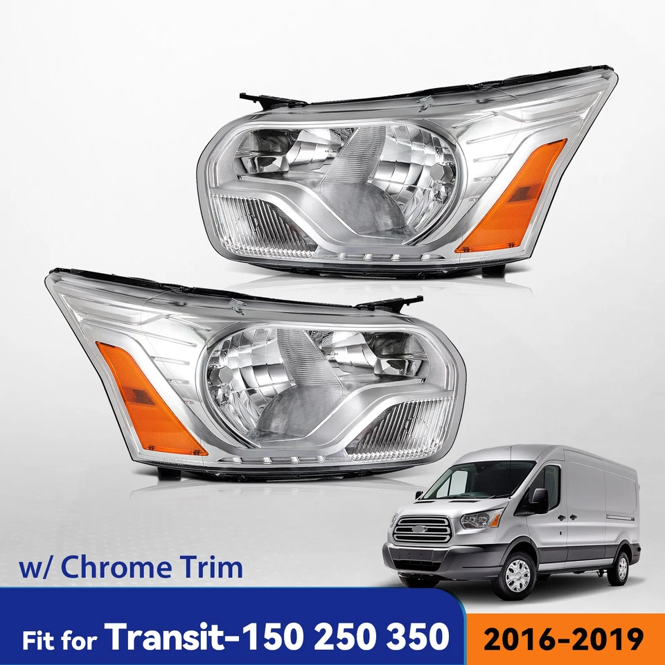 Pair Halogen Headlights Chrome For 2015-2024 Ford Transit 150 250 350 Left+Right - Image 1 of 4