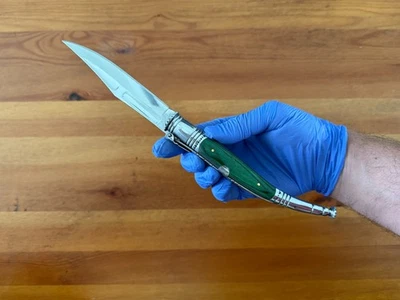 Cuchillo de trinquete plegable español Navaja Serrana de 4,9” escalas de madera de resistencia verde Foto 1 de 4