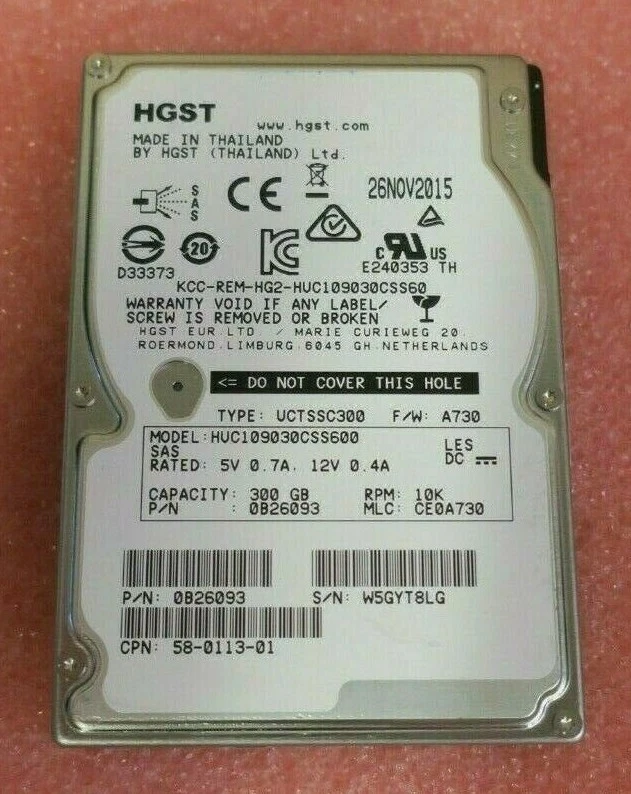 HGST 300GB 2.5" SAS 6Gb/s 10K Server Hard Drive HDD HUC109030CSS600 0B26093 - Image 1 of 3
