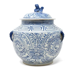 Vaso con coperchio in porcellana bianca e blu del XIX secolo - Foto 1 di 14