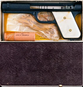 Vintage Black Metal Pearl Handle Circa 1937 Bulls Eye SHARPSHOOTER Gun Pistol - Picture 1 of 13