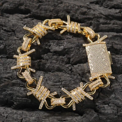 19MM 5AAA+ CZ Ice Out Hip Hop Large Barbed Wire Bracelet 14k Real Gold Plated - Image 1 of 4