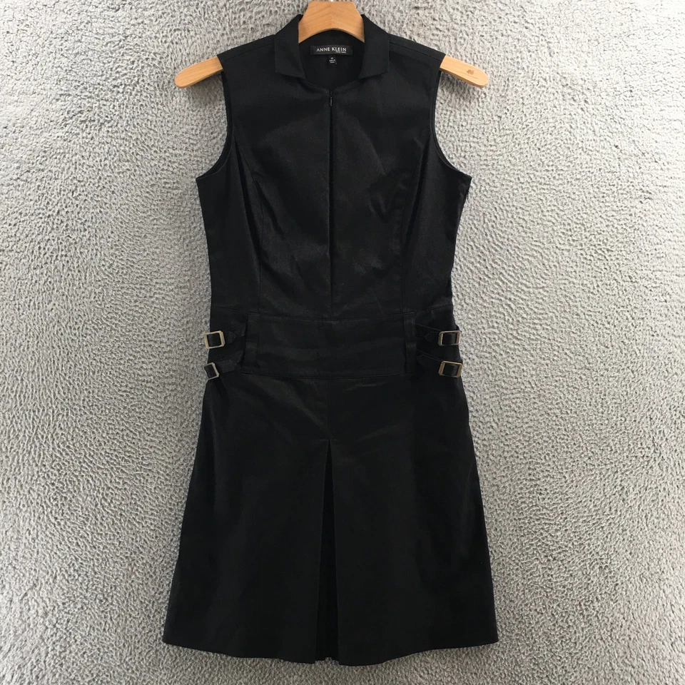 Vestido Anne Klein para mujer 12 negro sin mangas cremallera frontal hebilla cintura plisado Foto 1 de 4
