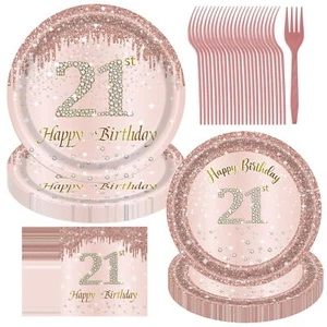 21st Birthday Decorations for Her Rose Gold Plates Rose Gold Birthday Decorat... - Picture 1 of 7