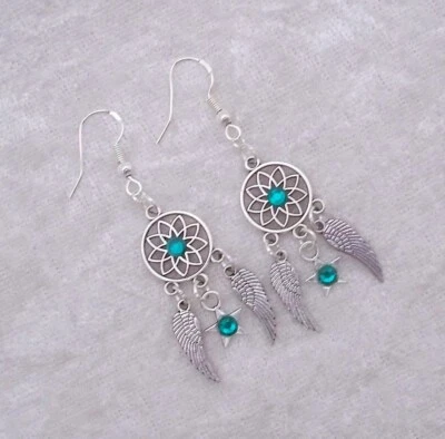 Green Diamante Dreamcatcher Double Sided ,925 Silver Hook Earrings.Handmade Foto 1 de 4
