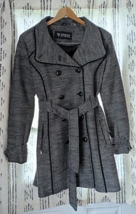GUESS Size L Womens Black & White Tweed Double Breasted Button Belted Pea Coat - Picture 1 of 5