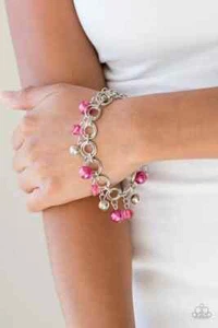 Brazalete Tenis Paparazzi "Fancy Fascination" Rosa Perlado y Plata Cuentas Plata - Imagen 1 de 2