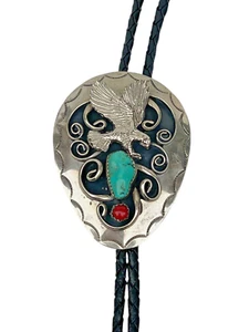 Vintage Turquoise & Coral Inlaid Bolo Tie Eagle USA American Free UK Postage - Picture 1 of 7