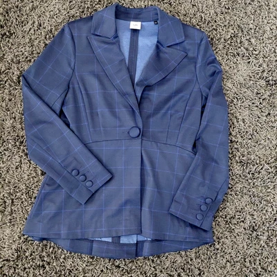 Blazer feminino Cabi checkout 10 jaqueta pôr do sol beijo xadrez azul chute plissado carreira - Imagem 1 de 4