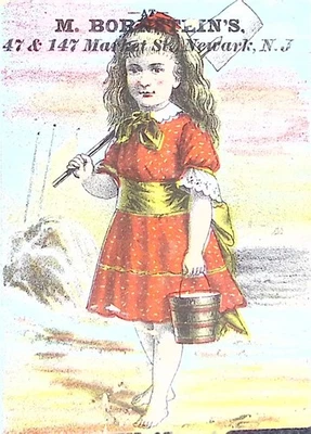 Cartão comercial vitoriano M Borsalin Newark New Jersey menina na praia com balde - Imagem 1 de 3