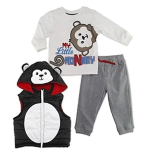 Boyz Wear Infant Boys 3-Piece Monkey Outfit Hooded Vest Shirt & Pants Set - Picture 1 of 1