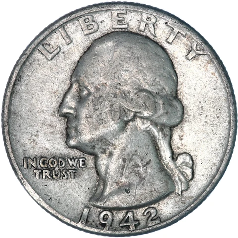 1942 (P) Washington Quarter 90% Silver Very Fine VF Cover
