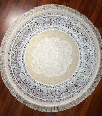 5x5 ft Blue Cream Round Silk Rug – Vintage Circle Rug for Home Decor - Image 1 of 4