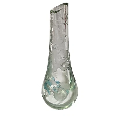 "Antiguo jarrón chino de vidrio pesado grabado en Pekín pájaro en rama 17"" marcado grabado" Foto 1 de 4