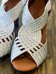 SIZE 7 EU 40 RHINESTONE DANCING SHOES SILVER IDEAL WEDDING FLEXIBLE 3.25" HEELS - Picture 1 of 18