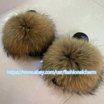 Chinelos femininos Max grande XXL real natural pele de guaxinim chinelos peludos sapatos baixos  - Imagem 1 de 4