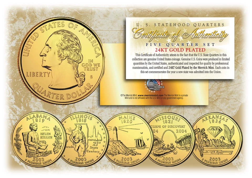 2003 US Statehood Quarters 24K GOLD PLATED ** 5-Coin Complete Set ** w/Capsules - Image 1 of 1