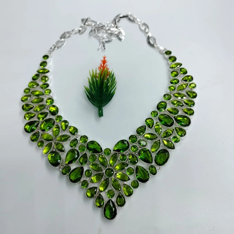 Gargantilla enchapada en plata con piedras preciosas de turmalina verde joyería 18" Foto 1 de 1