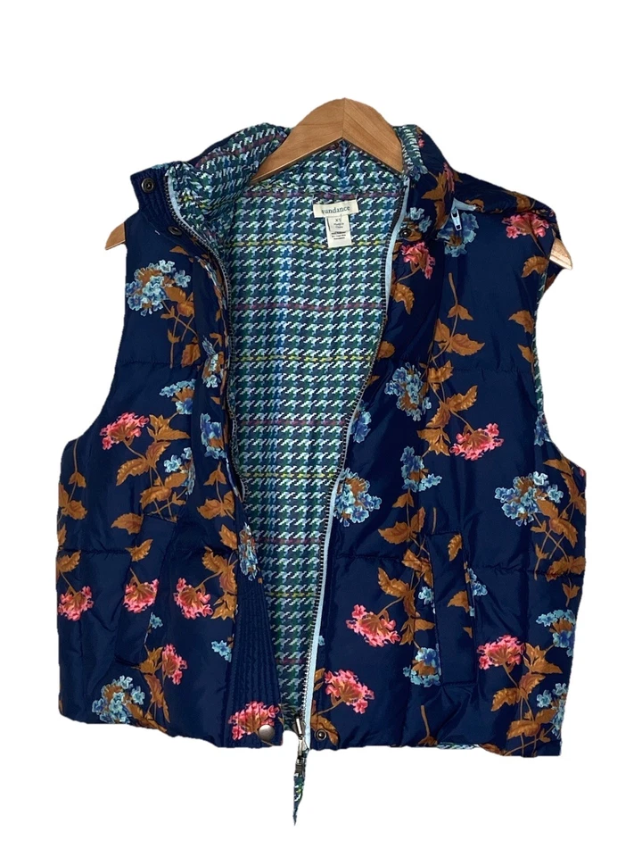 Chaleco reversible Sundance Tundra con capucha acolchado floral a cuadros azul chaleco talla XS Foto 1 de 4