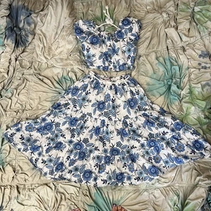 Haute Hippie 2pc Ruffle Crop Top Maxi Skirt Set Girls Size 6 Blue Eyelet Boho - Picture 1 of 6