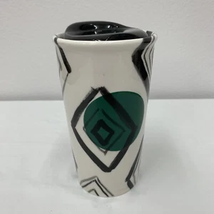 2014 Starbucks Ceramic Travel Tumbler Double Walled Black Diamond Green Dot 10oz - Picture 1 of 9