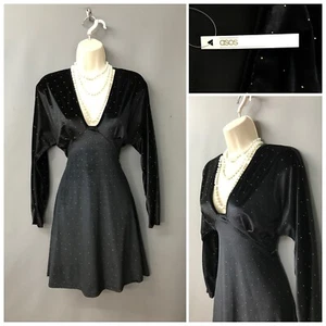 NEW ASOS Black Polka Dot Velvet Stretchy Midi Dress UK 10 EUR 38 US 6 - Picture 1 of 12