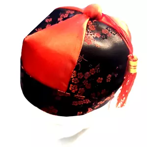 Beistle Mandarin Hat One Size Black/Red 60758 with 2 Red Tassels Chinese Asian - Picture 1 of 15