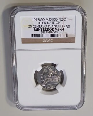 1977-MO Mexico Peso (Thick Date) Struck on 20 Centavo Planchet NGC MS64 - Image 1 of 2