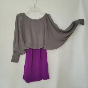 THML Dress Womens XS Grey Purple Sheer Dolman Slit Buttoned Sleeve Lined Mini - Picture 1 of 12
