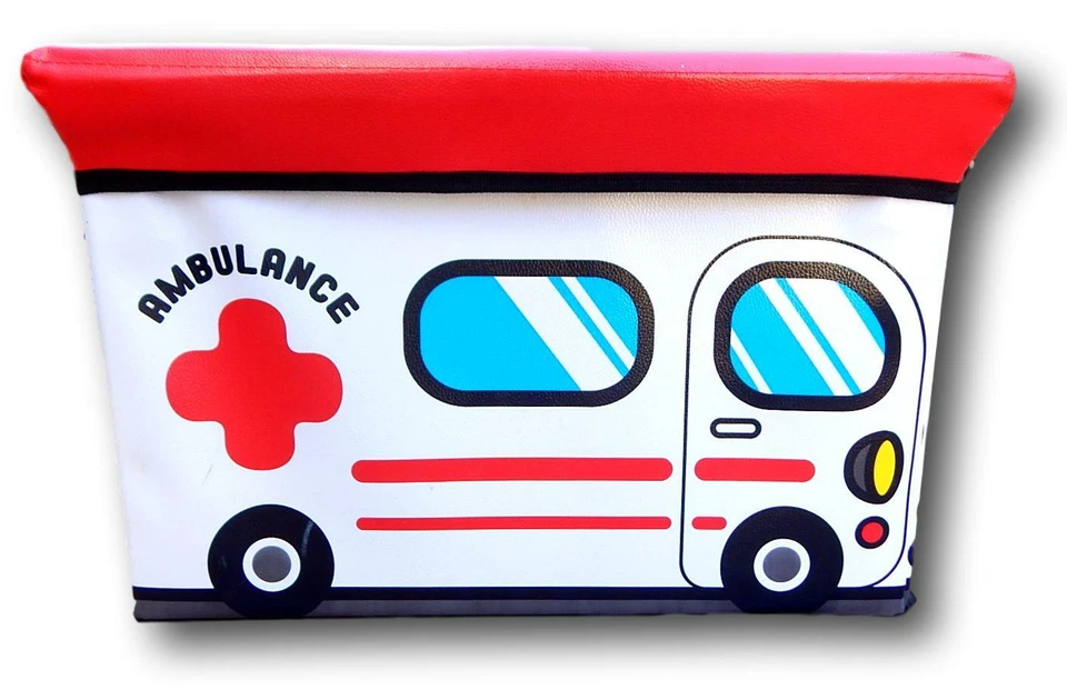 Baú de armazenamento de brinquedos infantis, banco acolchoado de vinil ou otomano -- ambulância branca - Imagem 1 de 4