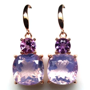 Gemstone 12 x 12 mm. Lavender Quartz & Pink Amethyst Earrings 925 Silver - Picture 1 of 4