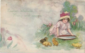 Postal Pascua Deseos Muchos y Sinceros Chicas Pollitos Campo Flor Publicado 1916 - Imagen 1 de 2